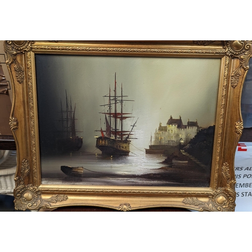 446 - An Original Oil On Canvas In A Gilt Frame Of A Man O War In Harbour.
50cm x 40cm.