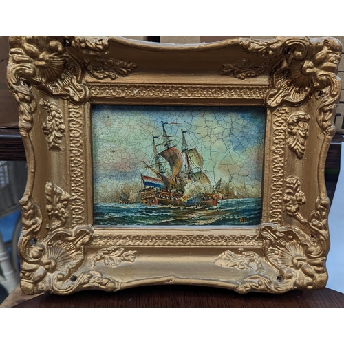 448 - An Original Oil On Board Of A french Man O war In Sea Battle.
28cm x 22cm