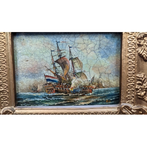 448 - An Original Oil On Board Of A french Man O war In Sea Battle.
28cm x 22cm