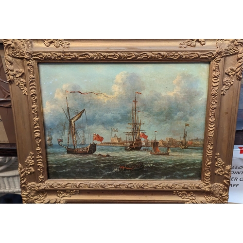 449 - A Picture Of British Men O War At Anchor In An Ornate Gilt frame.