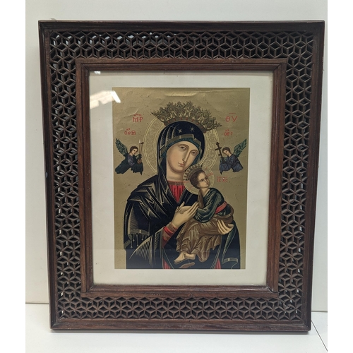 1304 - An Icon Print Of Mary & Jesus In A Carved Wood Frame.
36cm x 42cm.