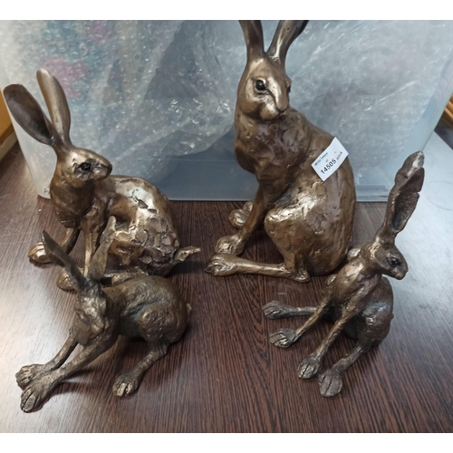 1019 - 4 x Resin Hares By Firth Sculptures. (small sitting hare has broken ear).