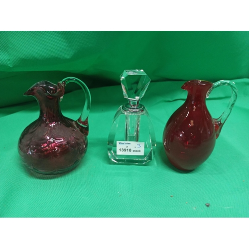 1095 - A Cranberry Glass Jug, Ruby Glass Jug & An Art Deco Perfume Bottle.