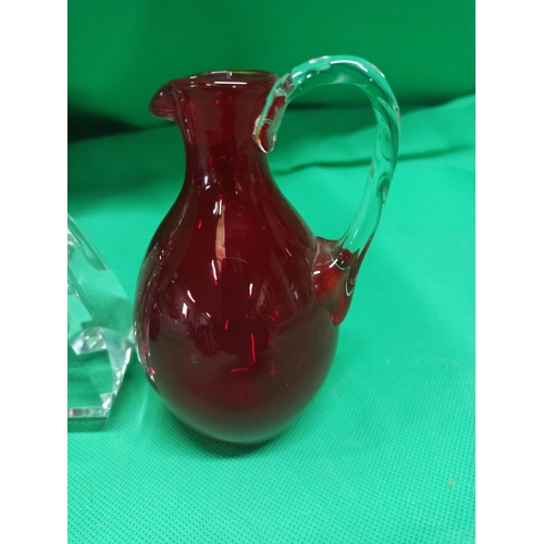 1095 - A Cranberry Glass Jug, Ruby Glass Jug & An Art Deco Perfume Bottle.