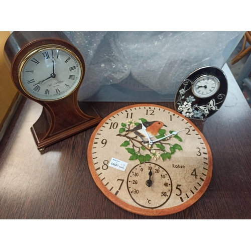 506 - 3 x Clocks, 2 x Indoor, 1 x Outside Clock With Thermometer.