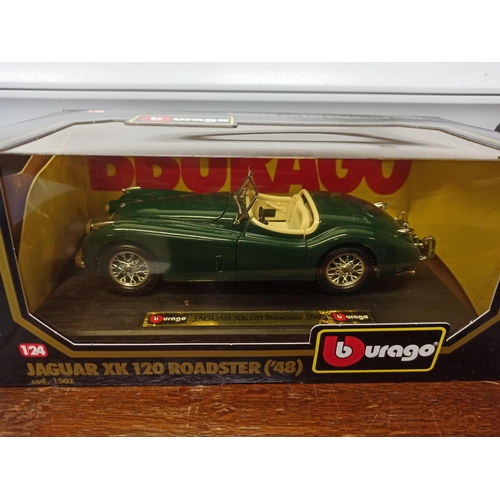 1220 - 3 x Burago Model Cars, Jaguar XK120 Roadster (48) Mercedes-Benz SSK 1928 Both Boxed & A Mercedes Ben... 