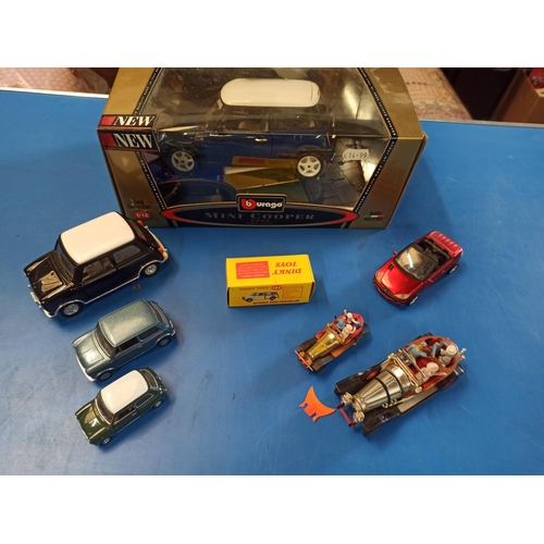 1230 - Burago Mini Cooper, 3 Minis, Dinky Morris Mini Traveller In original Box. 2 x Chitty Chitty Bang Ban... 