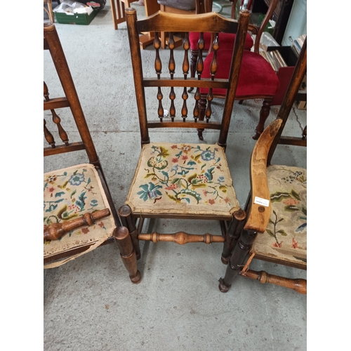 227 - A Set Of 5 Dining Chairs. One Chair Needs The Front Cross Bar Re-fixing.