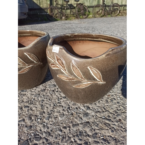 38 - A Pair of Brown Glazed Planters with Leaf Motif