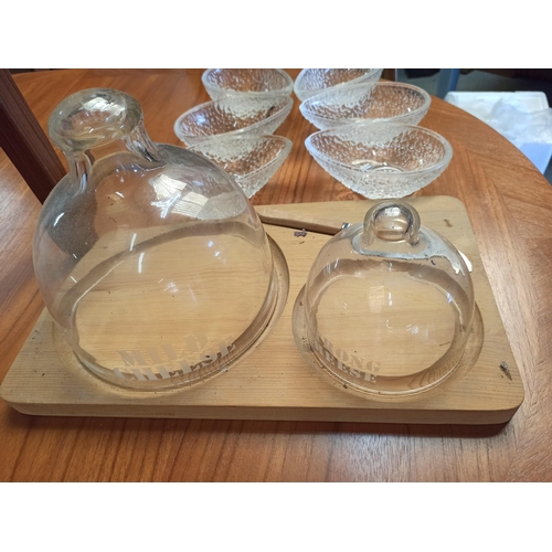 964 - A Cheese Board With 6 Glass Covers & Knife. 
6 x Avocado Dishes.