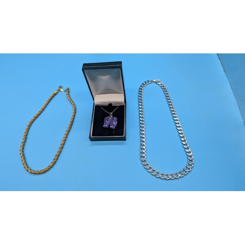 541 - A 925 Silver Necklace With Amethyst Elephant Pendant And Other Necklace And Pin Broach.