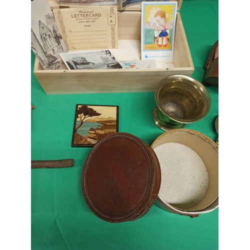 1096 - A Wooden Glory Box With Instruments, Leather Pouches, Brass, Postcards And Turkish Currency.