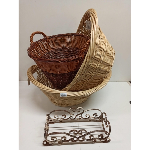 1151 - 3 x Wicker Baskets And A Metal Plate Stand.