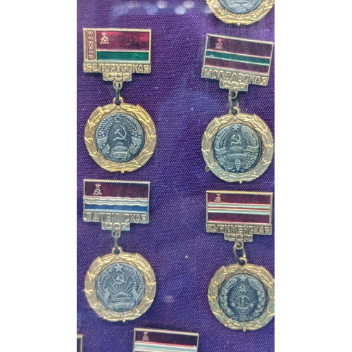 525 - A Framed Collection Of Russian Soviet Military Medals And Badges. C.C.C.P.