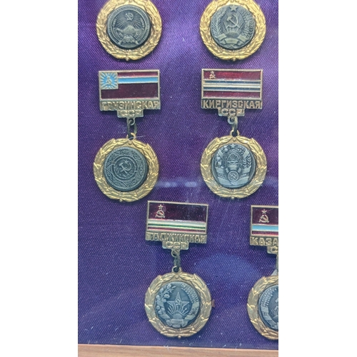 525 - A Framed Collection Of Russian Soviet Military Medals And Badges. C.C.C.P.