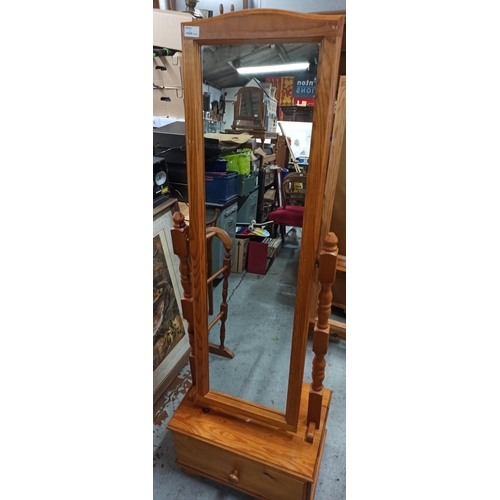 713 - Pine Freestanding Mirror with Drawer 150cm H