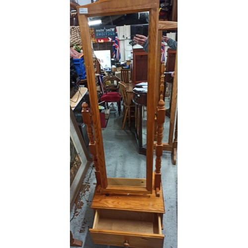 713 - Pine Freestanding Mirror with Drawer 150cm H