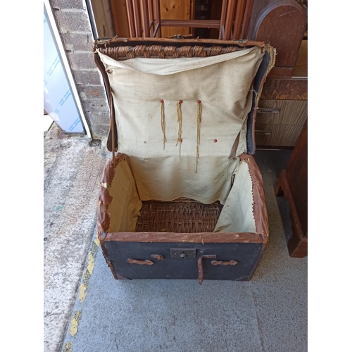 1090 - Canvas and Leather Bound Wicker Campaign Trunk 58cm H x 68cm W x 54cm D