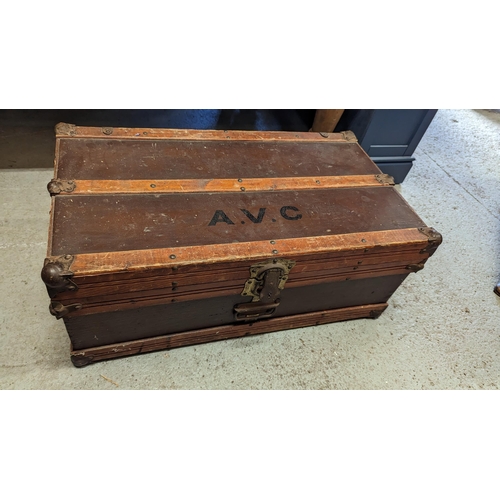 1091 - Antique Wooden and Brass Bound Trunk 76cm L x 30cm H x 43cm D