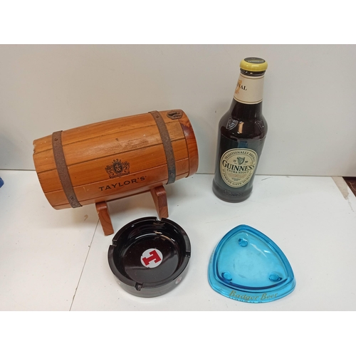 906 - A Guinness Money Box, Taylors Sherry Barrell, 2 x Ashtrays.