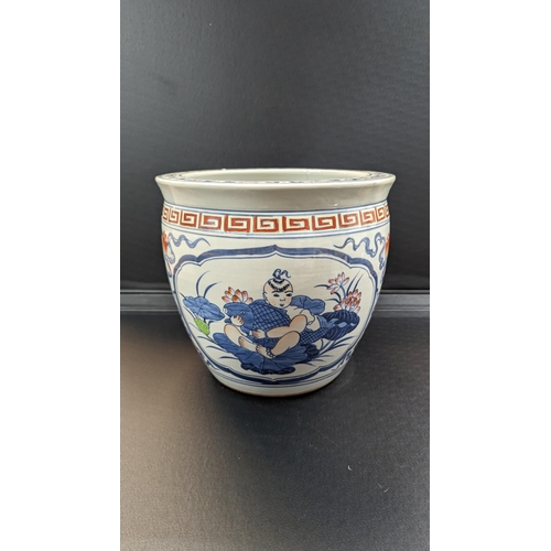 604 - A Large Decorative Hand Painted Chinese Planter 28cm High, 30cm Diameter ( Hairline Crack as picture... 