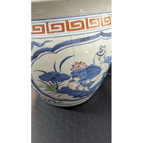 604 - A Large Decorative Hand Painted Chinese Planter 28cm High, 30cm Diameter ( Hairline Crack as picture... 