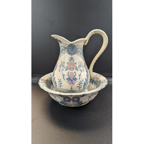 606 - A Famille Bleu Chinese Hand Painted Wash Jug and Bowl . Wash Jug 35cm High, Bowl 34cm D 11cm H. (Rep... 