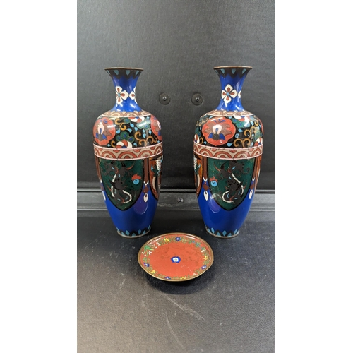 619 - A Pair of Cloisonné Vases 25cm Tall and a Small Dish