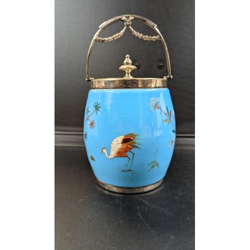 628 - A Victorian Hand Painted Glass Biscuit Barrell