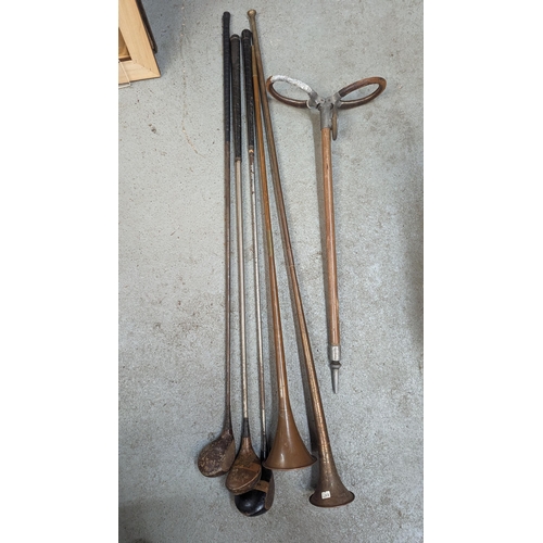 947 - Antique Golf Clubs, Shooting Stick and Hunting Horns