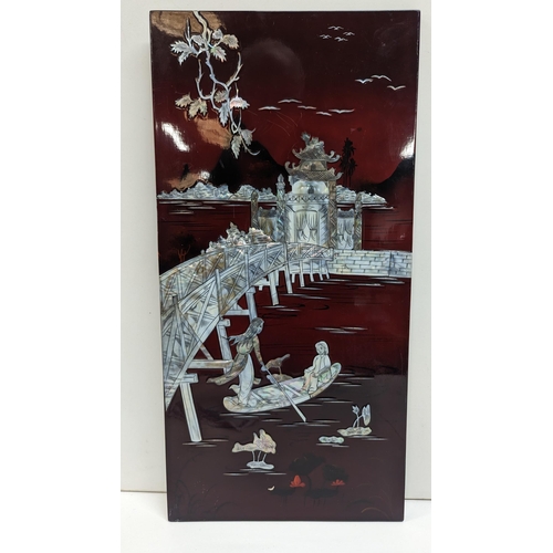 1167 - A Mother of Pearl Lacquer Chinese Scene Panel 59 x 29cm