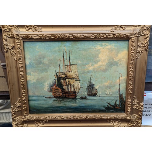 450 - A Picture Of British Men O War At Anchor In An Ornate Gilt frame.