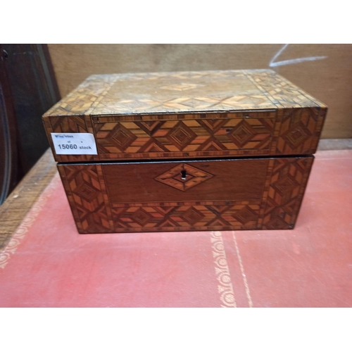 1098 - Tunbridge Ware Inlaid Box with Key 14cm H x 24cm W x 17cm D