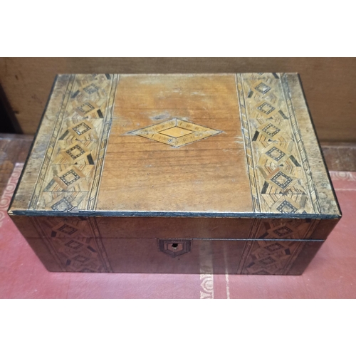 1077 - Tunbridge Ware Inlaid Sewing Box  - One Hinge Broken 11cm H x 25cm W x 18cm D