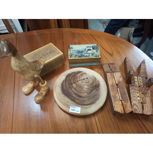 1203 - A Collection of Wooden Items including Trinket Boxes, Duck, Trivet and More