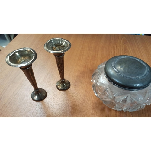 435B - A Pair of Silver Stem Vases and Silver Lidded Glass Dish