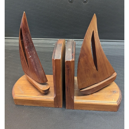 1187 - A Pair of Wooden Sail Boat Bookends Marked 