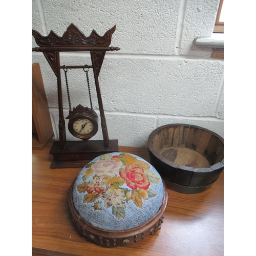 1191 - Early Beaded Work Stool, Apprentice Clock and Small Wooden Half Barrel