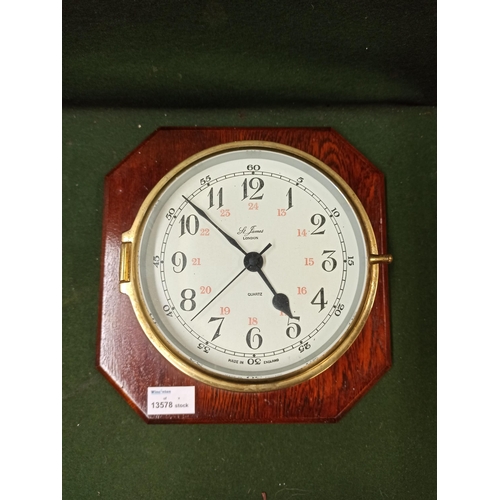 515B - A Mount St James of London, Brass Clock. 28cm H x 28cm W x 12cm D