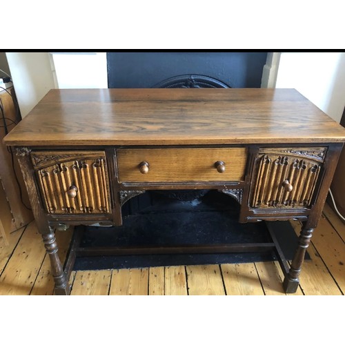 570 - Antique Linen Fold Oak Desk with 3 Drawers and Carved Detailing 77cm H x 109cm W x 52cm D