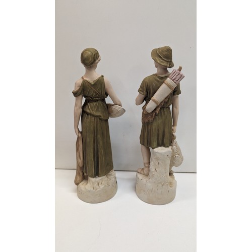 399 - A Pair of Antique Royal Dux Classical Figures of a Young Man Carrying a Goose and Young Girl Carryin... 