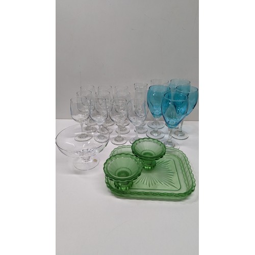 588 - A Quantity Of Mixed Glassware including Dartington and Vintage Green Glass Dressing Table Set