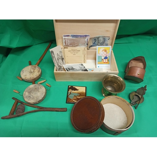 1096 - A Wooden Glory Box With Instruments, Leather Pouches, Brass, Postcards And Turkish Currency.