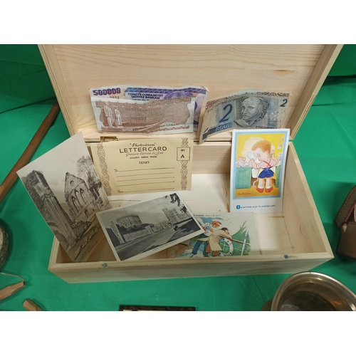 1096 - A Wooden Glory Box With Instruments, Leather Pouches, Brass, Postcards And Turkish Currency.