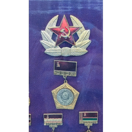 525 - A Framed Collection Of Russian Soviet Military Medals And Badges. C.C.C.P.