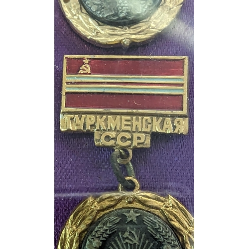 525 - A Framed Collection Of Russian Soviet Military Medals And Badges. C.C.C.P.