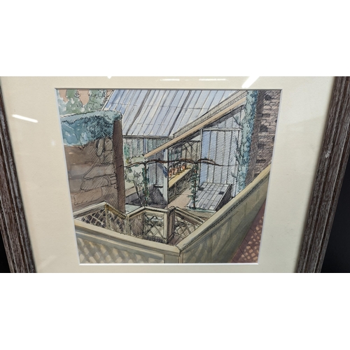 1167 - An Isobel Heath Pen and Watercolour of a Conservatory Garden Scene 44 x 62cm in Frame