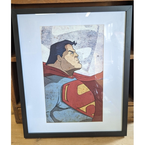 1153 - A Framed Superman Print 44 x 54cm, Superman Enamel Sign and Simpsons doing Beatles