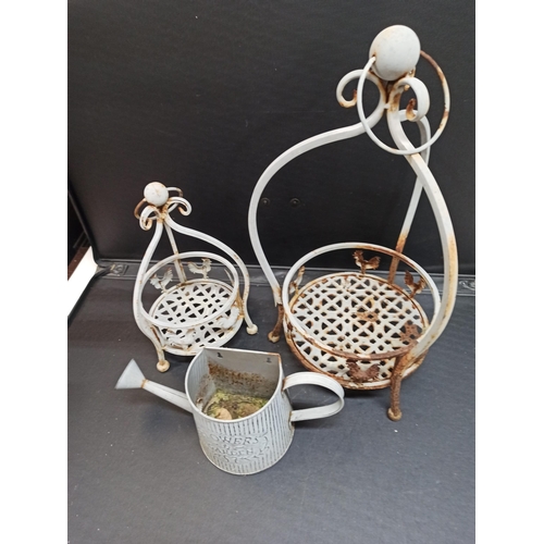 66 - 2 x Decorative Metal Hanging Baskets  55cm H  & 33cm H plus a Small Decorative Metal Watering Can