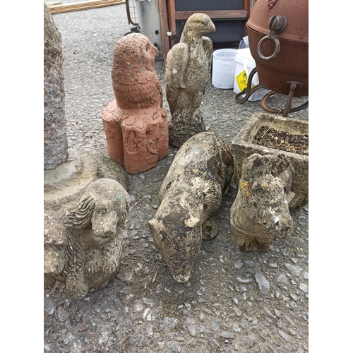 80 - Mixed Garden Ornaments Including Owl, Bird of Prey, Badger, Dogs, Donkey and Cart etc.